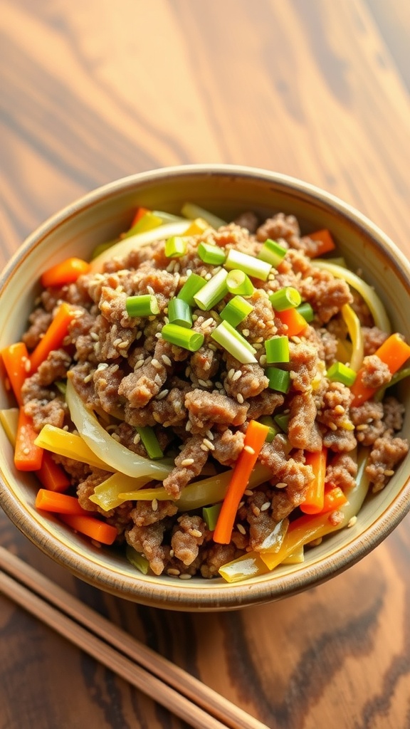 A bowl of Pork Egg Roll in a Bowl with pork, cabbage, and carrots, garnished with sesame seeds and green onions.